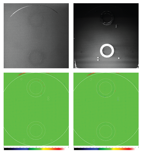 Imagen 3a, b, c, d. (Arriba) Fotografías reales de la construcción capa a capa dentro de un sistema aditivo metálico VELO3D Sapphire: (a. izquierda) cama de polvo tras el recubrimiento y (b. derecha) lecho de polvo tras el láser. (Abajo) Las imágenes del software Height Mapper de capa individual muestran (c. izquierda) la cama de polvo tras el recubrimiento, asegurando una superficie uniforme para el láser, y (d. derecha) el lecho de polvo tras el láser, donde se ve el desempeño de la pieza y un entorno seguro para la siguiente capa.